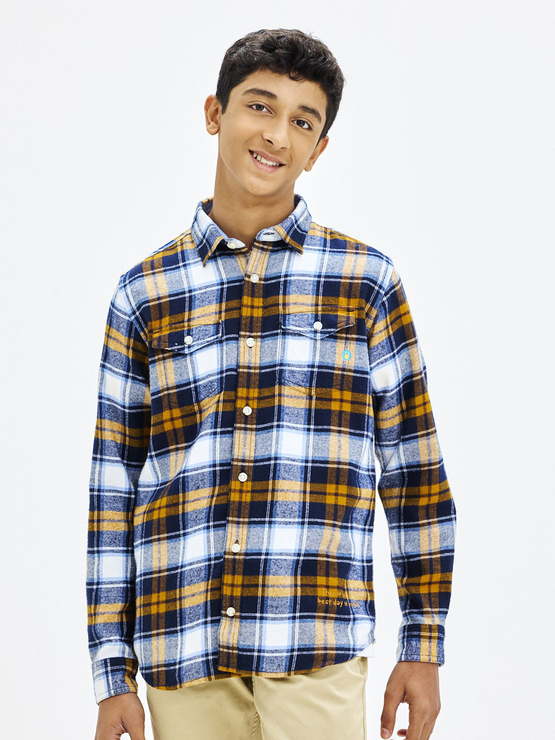 NO MONDAYS Boys Relaxed Spread Collar Tartan Checked Cotton Casual Shirt