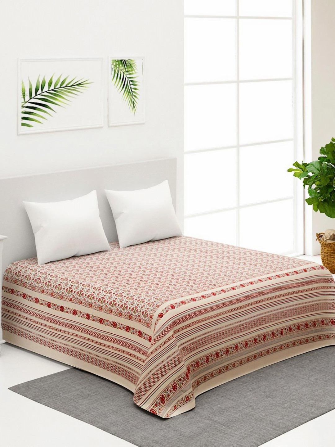 Fabindia Varda Fuchsia & Beige Ethnic Motifs Printed Cotton Double Bed Cover