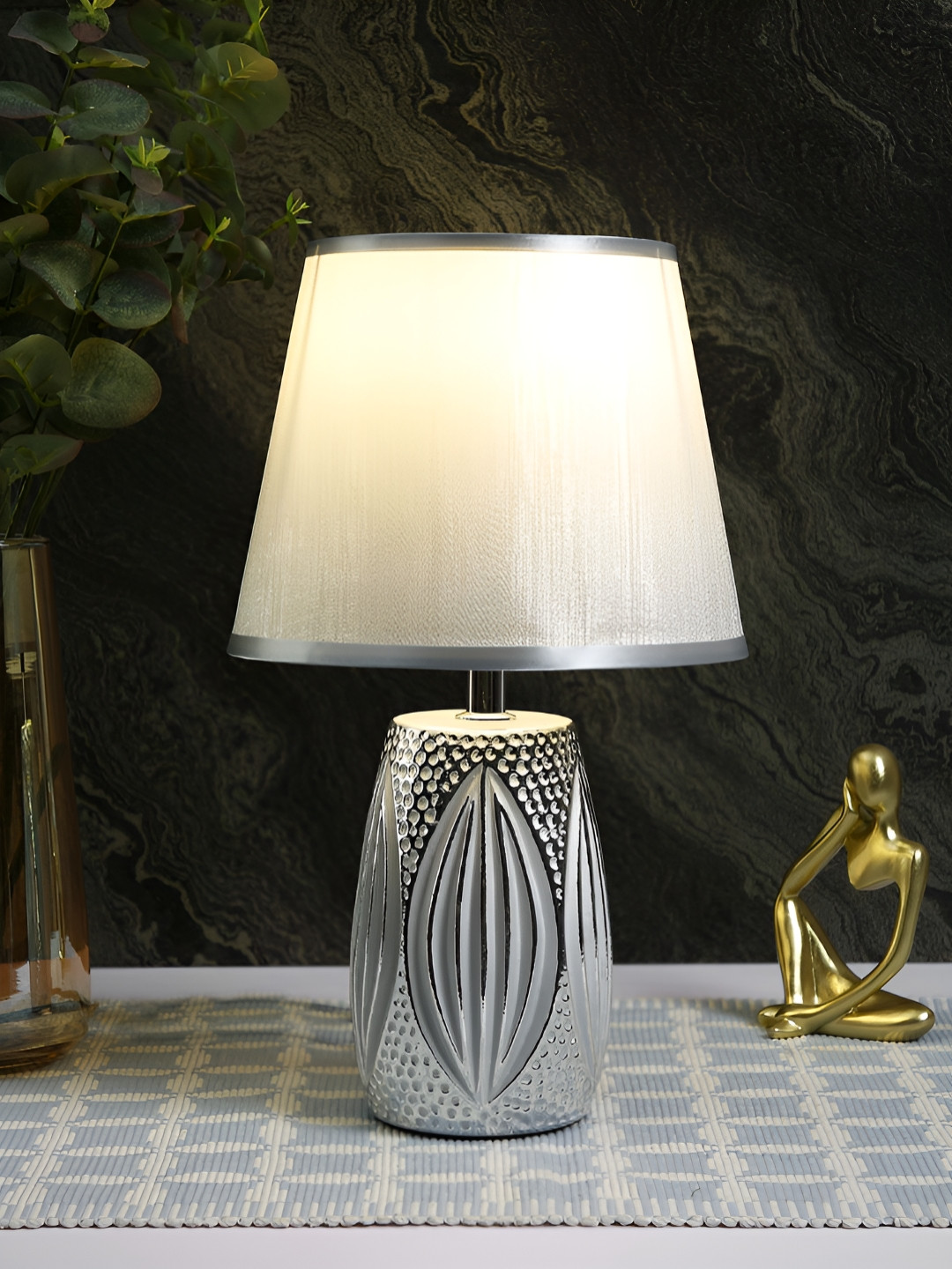 TAYHAA Silver-Toned Ceramic Frustum Shaped Table Lamp
