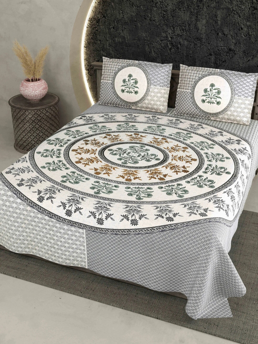 LIVING ROOTS Grey Floral Cotton Breathable 210 TC King Fine Bedsheet with 2 Pillow Covers-86 x 104 inches