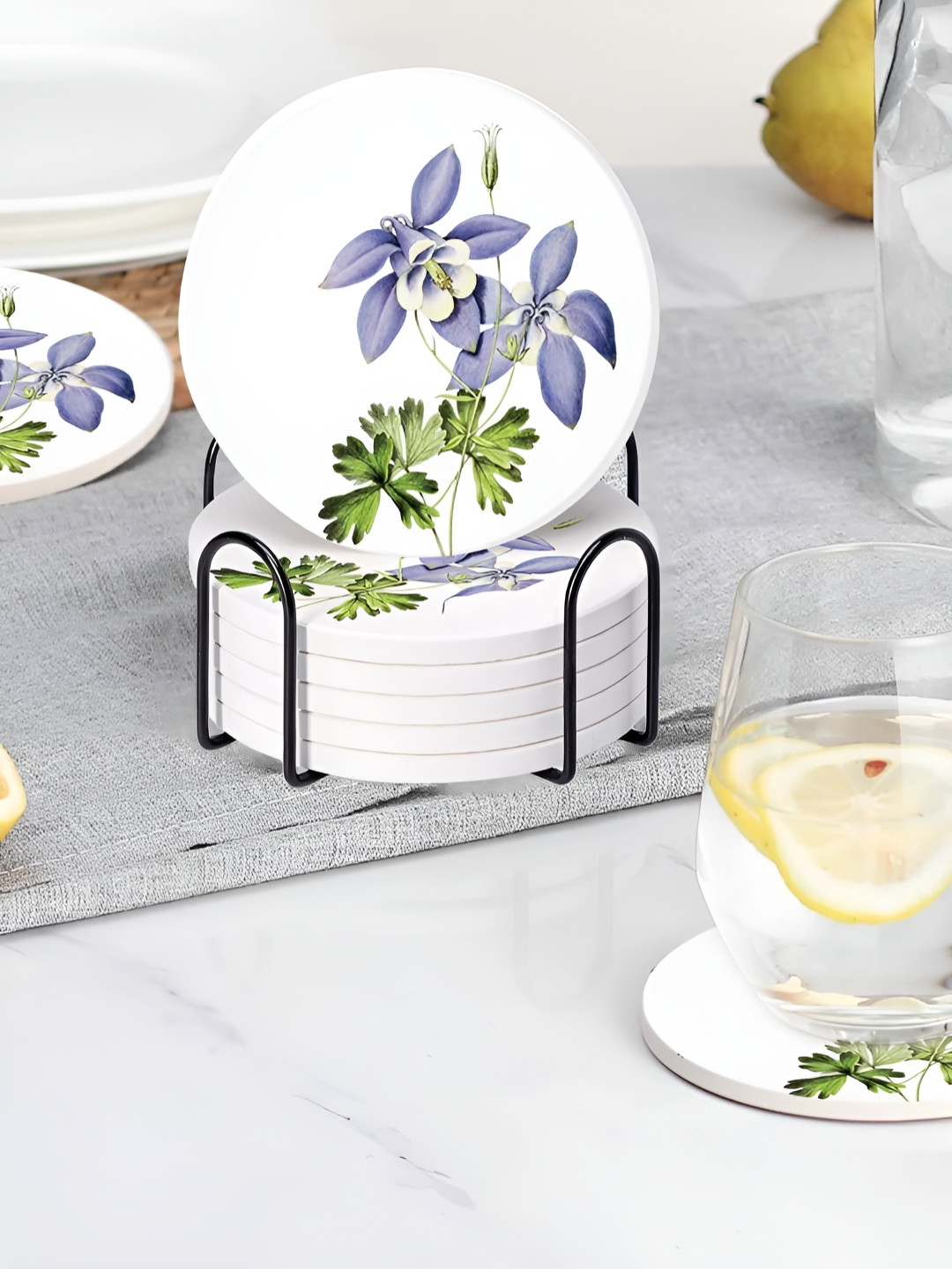Ekhasa White & Green 6 Pieces Printed Round Diatomite Coasters With Steel Holder