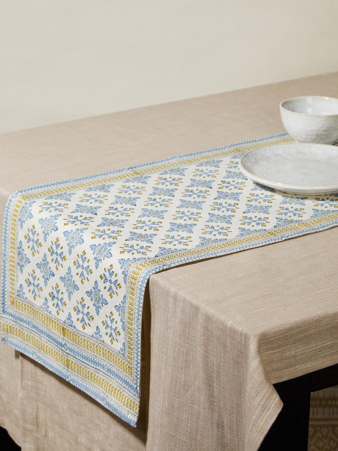 Fabindia Tastir Blue & Beige Ethnic Motifs Printed Pure Cotton Runner