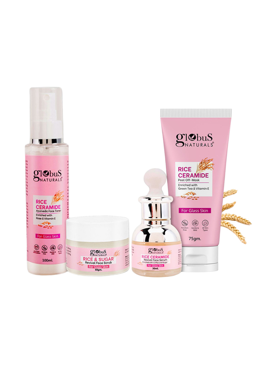 Globus naturals Set Of 4 Rice Ceramid Face Toner -100ml & Scrub-50g, Serum-30ml