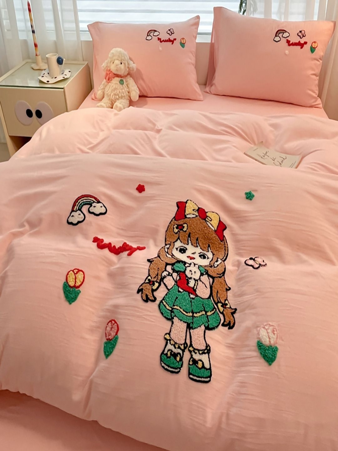 JC HOME Pink & Green Geometric Polycotton 3 Piece Double King Regular Bedding Set
