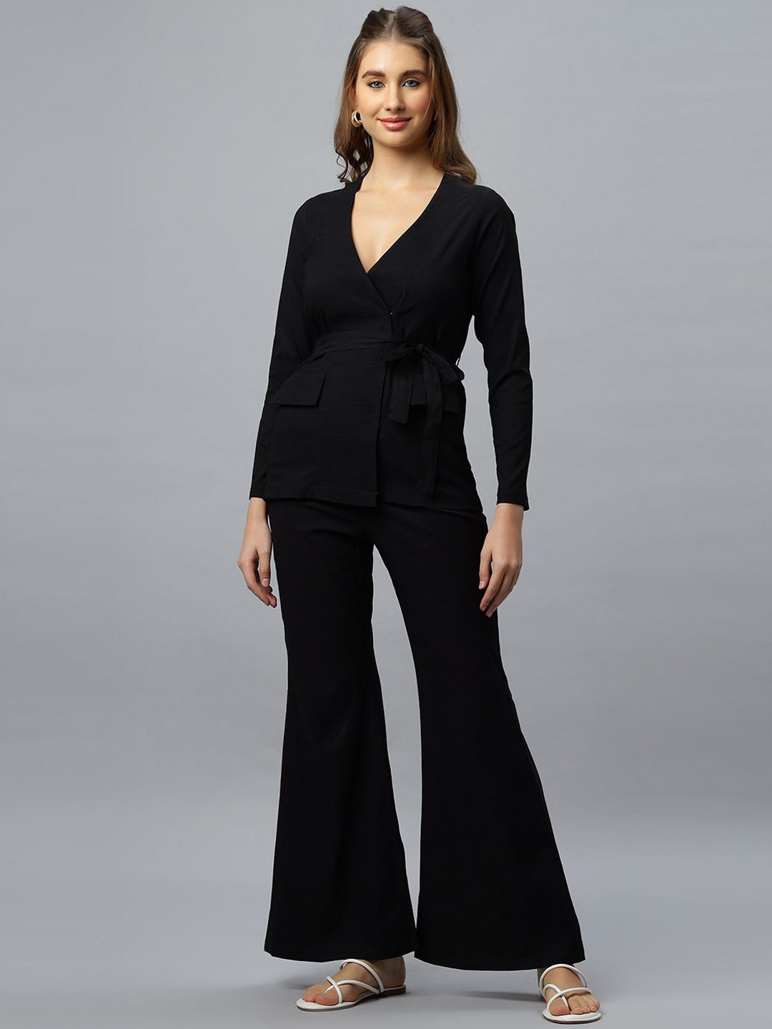 PEACH & PANDA V Neck Belted Top With Trousers