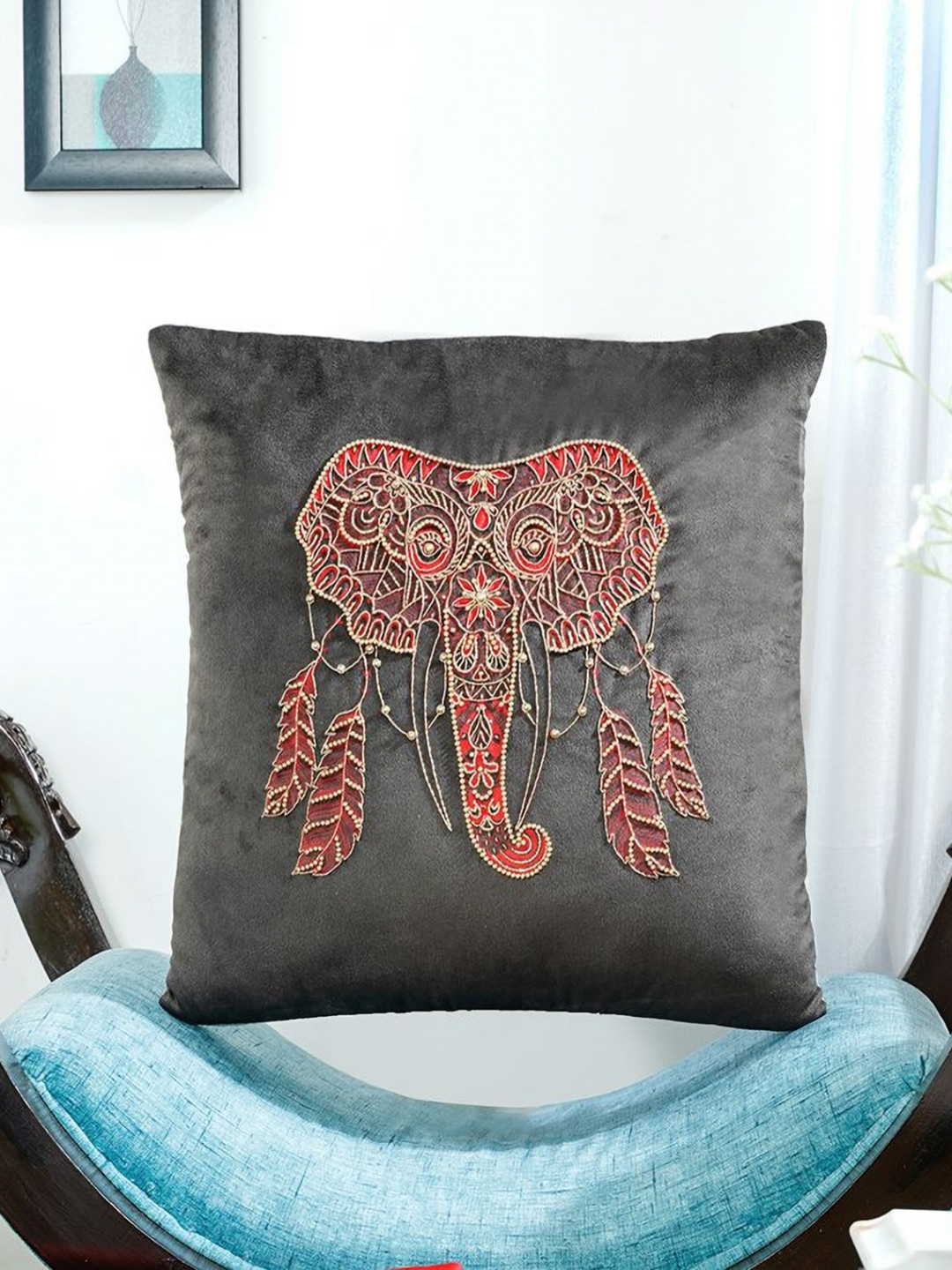 Mid July Home The Elephant's Adornment Black & Red Embroidered Single Square Cushion Cover