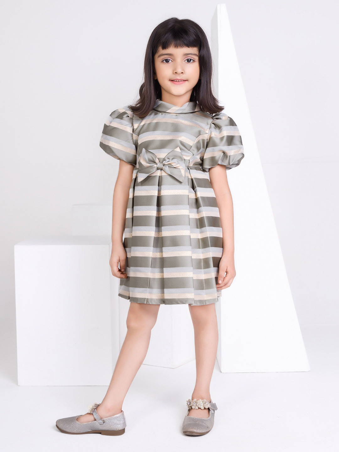Peppermint Girls Striped Puff Sleeve Bow Detail A-Line Dress
