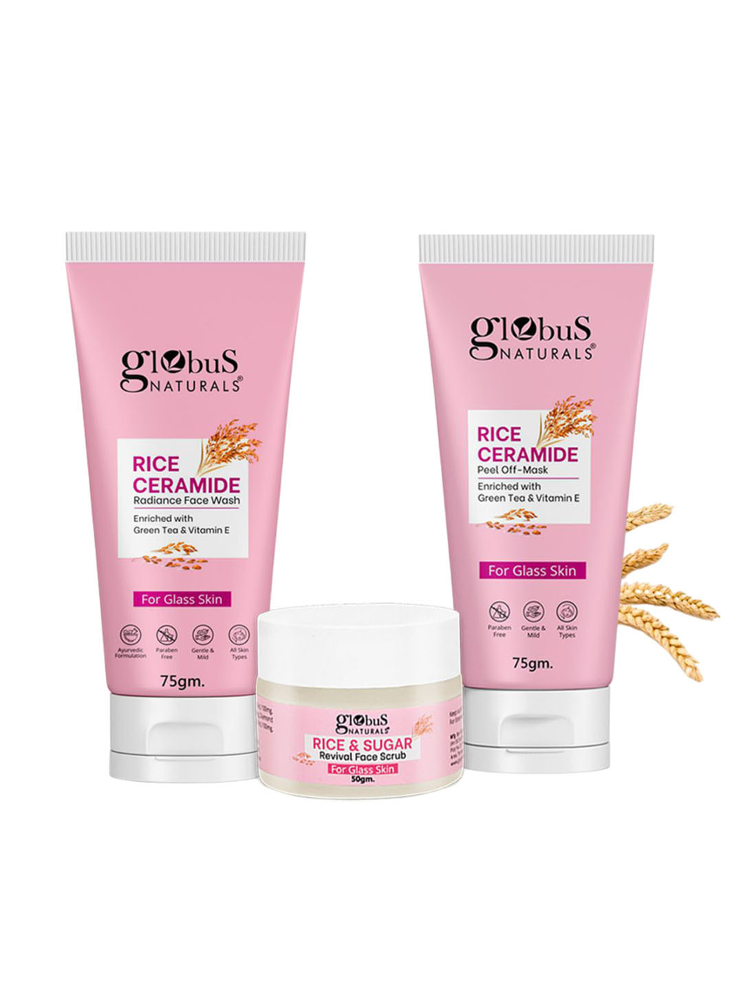 Globus naturals Rice Ceramide Face Wash, Peel Off Mask & Face Scrub