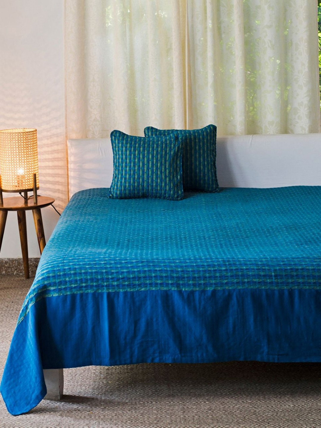 Fabindia Indigo Deepali Blue Checked Cotton Double Bed Cover