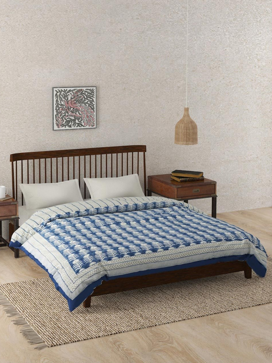Fabindia Anaisha Blue & White Floral Printed 233 GSM AC Room Pure Cotton Double Bed Quilt