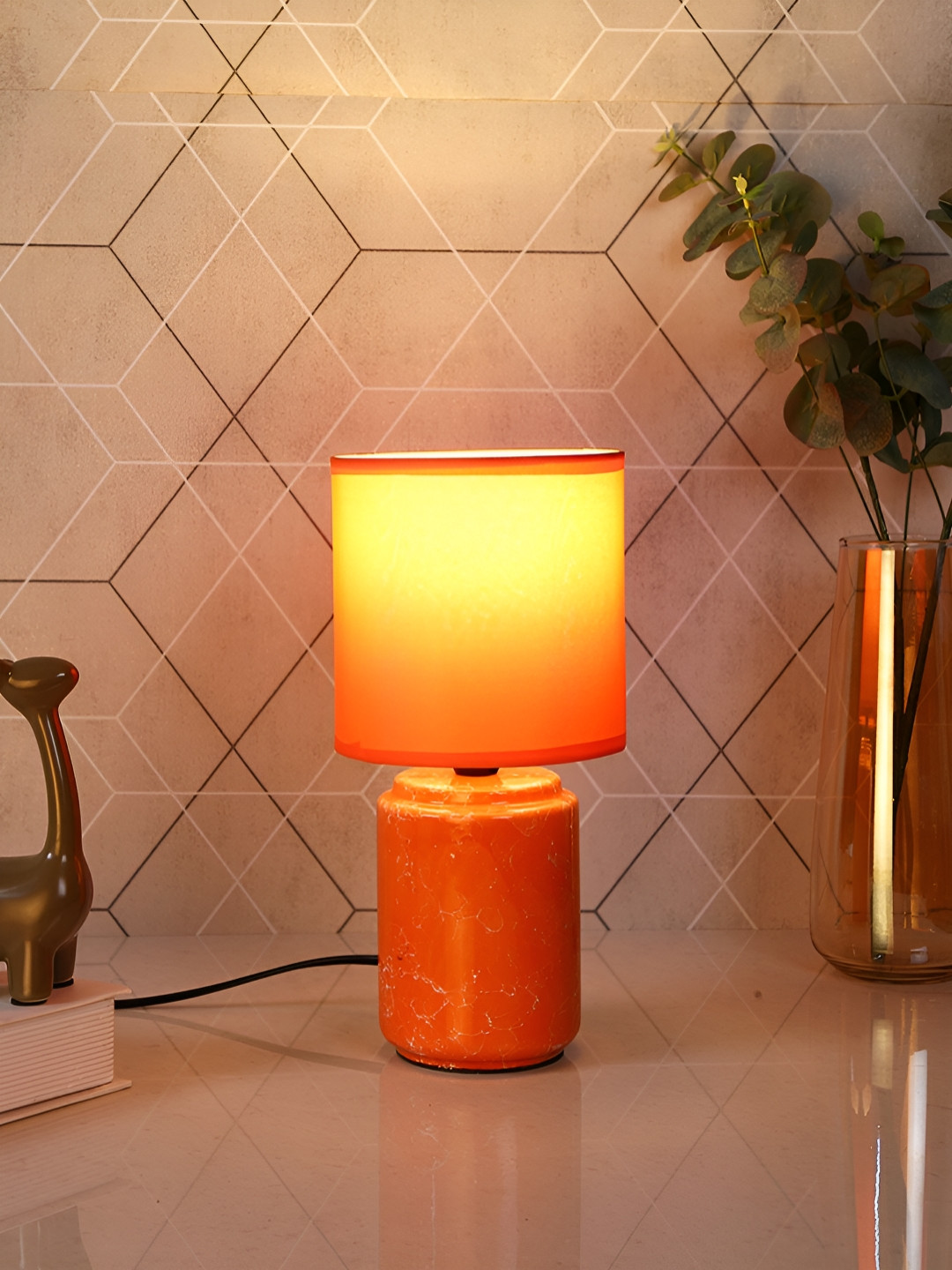 TAYHAA Orange Ceramic Quirky Cylindrical Shaped Table Lamp