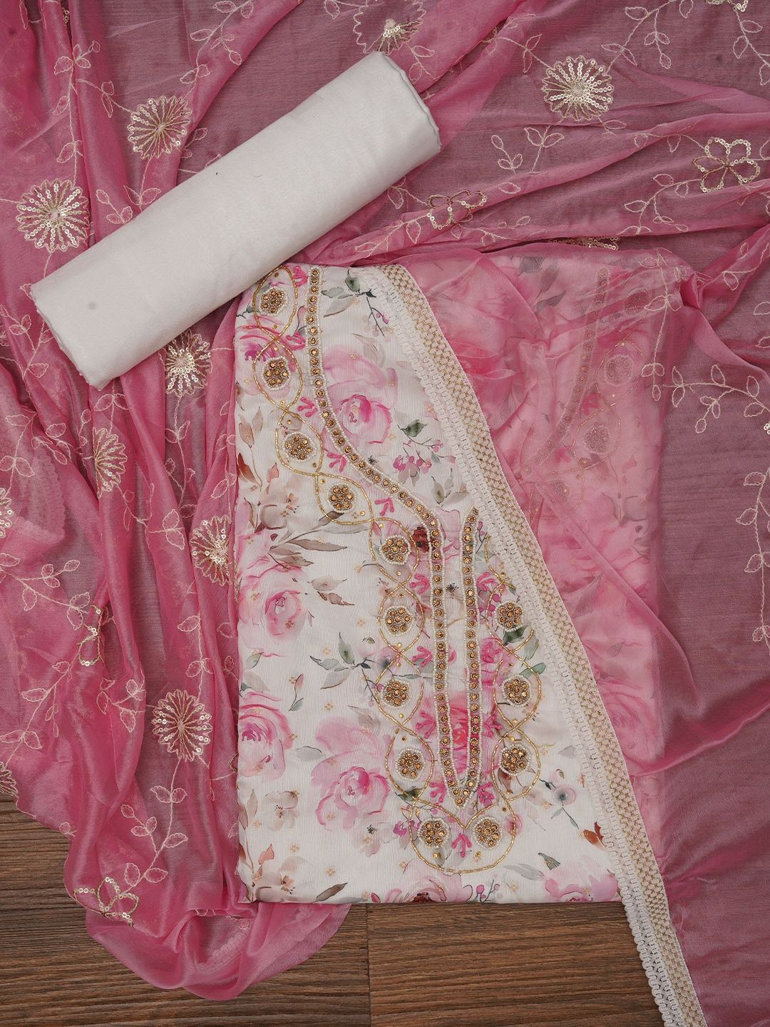 Jaipur Kurti Cotton Blend Embellished Dress Material with Dupatta