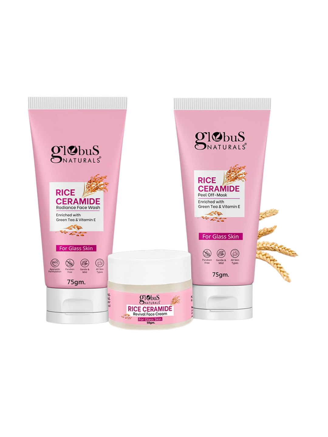 Globus naturals Set Of 3 Rice Ceramide Face Wash -75g-Cream-50g & Peel Of Mask-75g