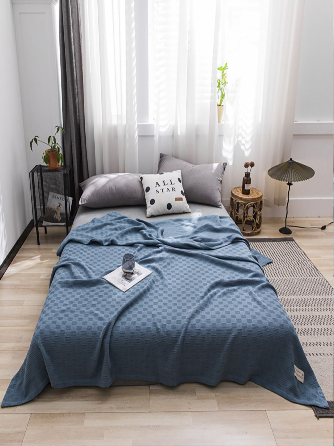 JC HOME Blue Geometric Woven Design 300 GSM AC Room Pure Cotton Double Bed Quilt