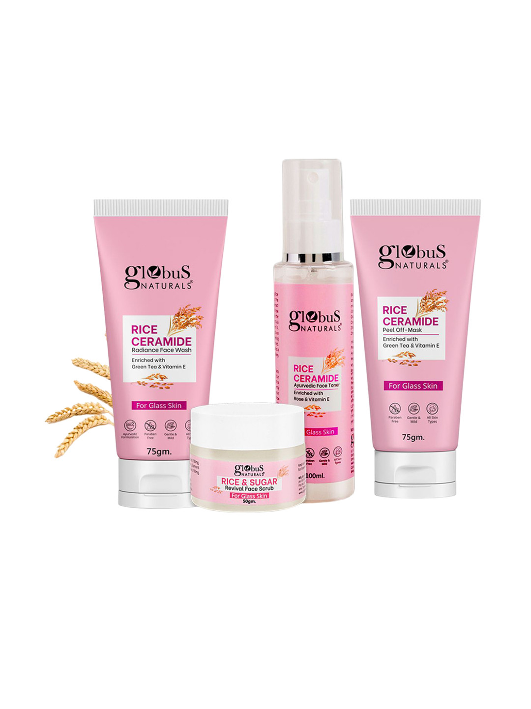 Globus naturals Set Of 4 Rice Ceramide Face Wash-Scrub-Toner & Pell Of Mask