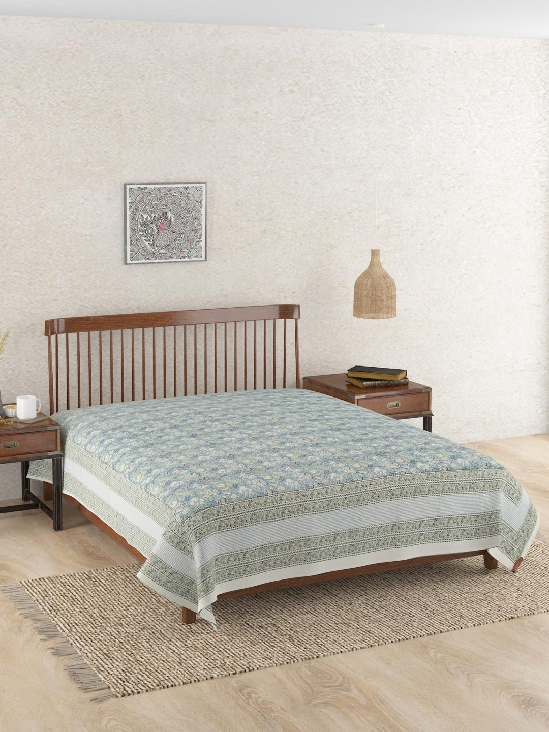 Fabindia Coromandel Blue & White Floral Printed Cotton Double Bed Cover