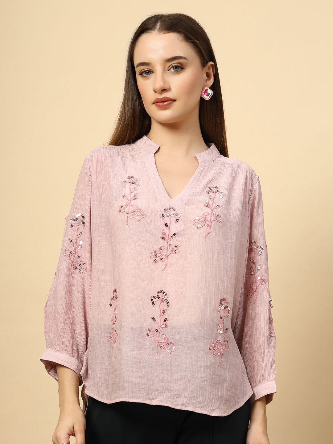 Gipsy Mandarin Collar Embroidered Sheer Tunic