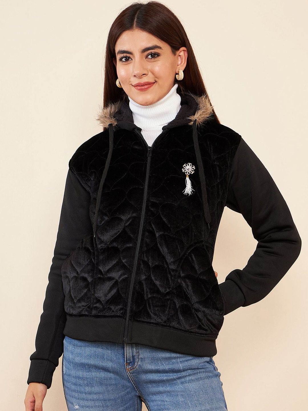 PIVL Women Self Design Hooded Open Front Jacket