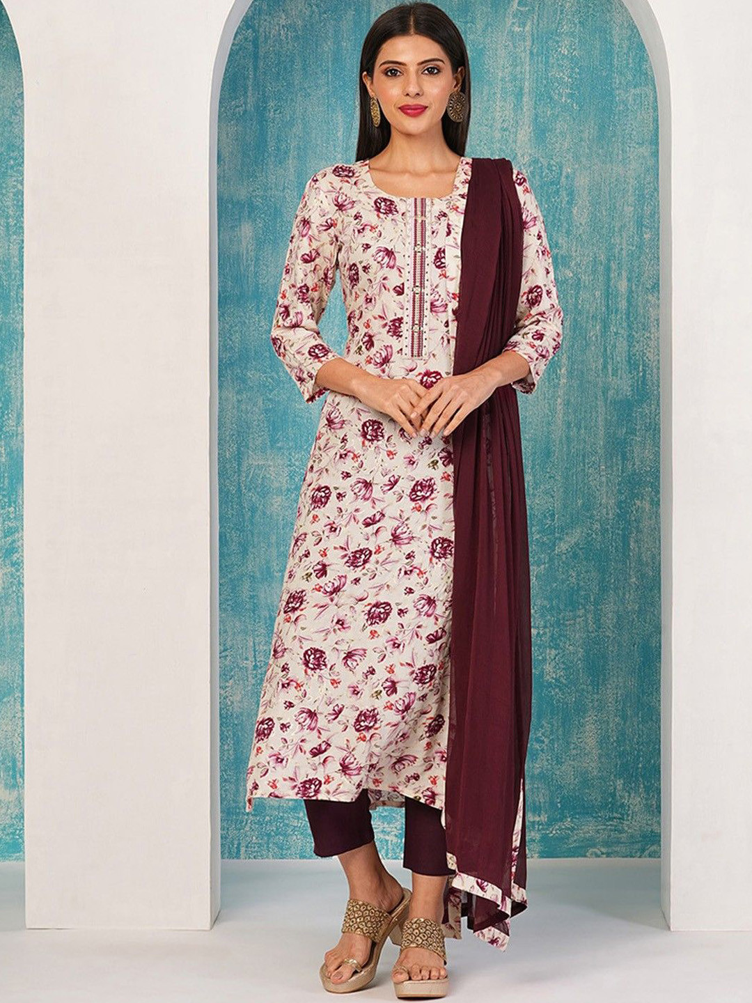 Anni Designer Floral Printed Mirror Work Round Neck Straight Kurta with Trouser & Dupatta