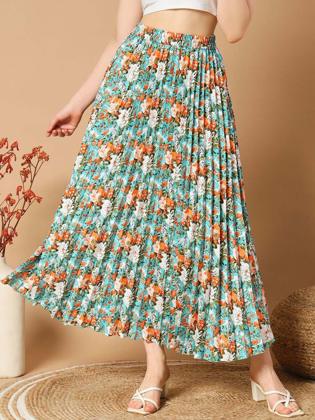 OTABU Floral Flared Pleated Maxi Skirt