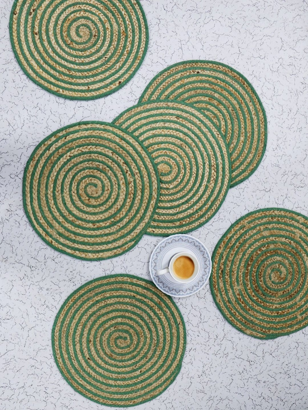 BELLA TRUE Green & Brown 6 Pieces Geometric Jute Round Table Placemats