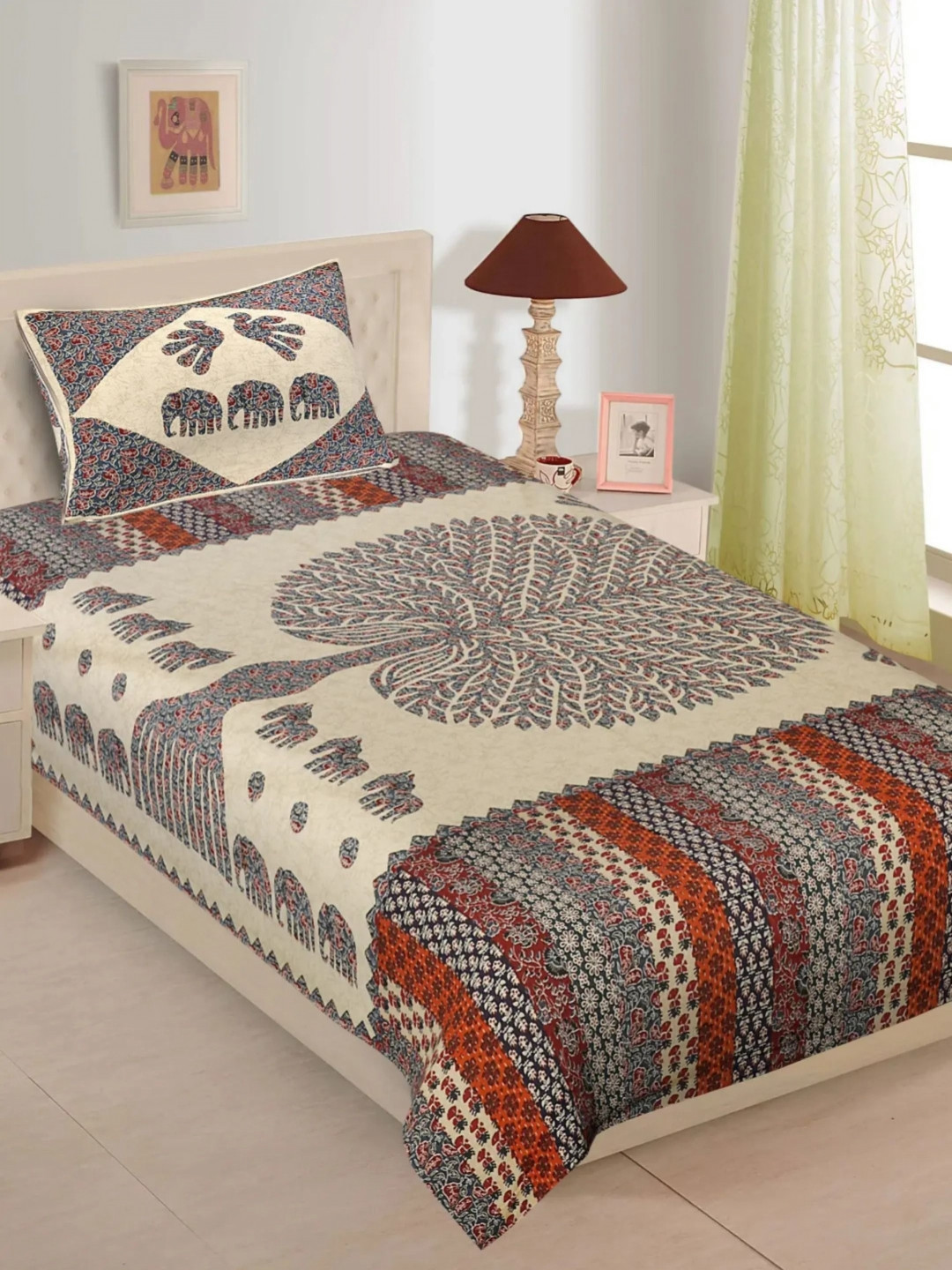 LIVING ROOTS Purple & Beige Ethnic Motifs Cotton 144TC Single Bedsheet with 1 Pillow Cover