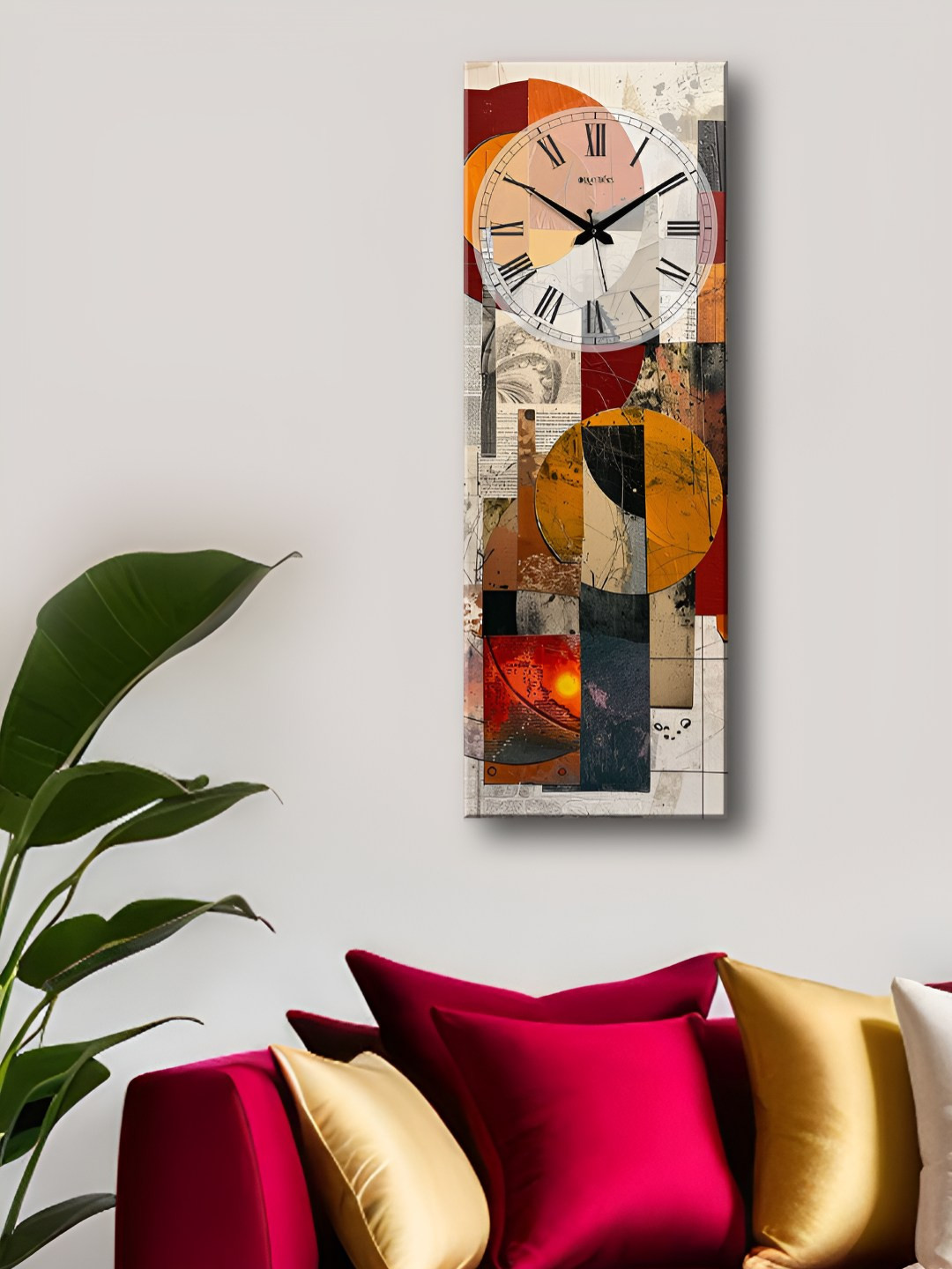 OLIVE TREE Maroon & Off White Printed Rectangular Wooden Analogue Contemporary Wall Clock