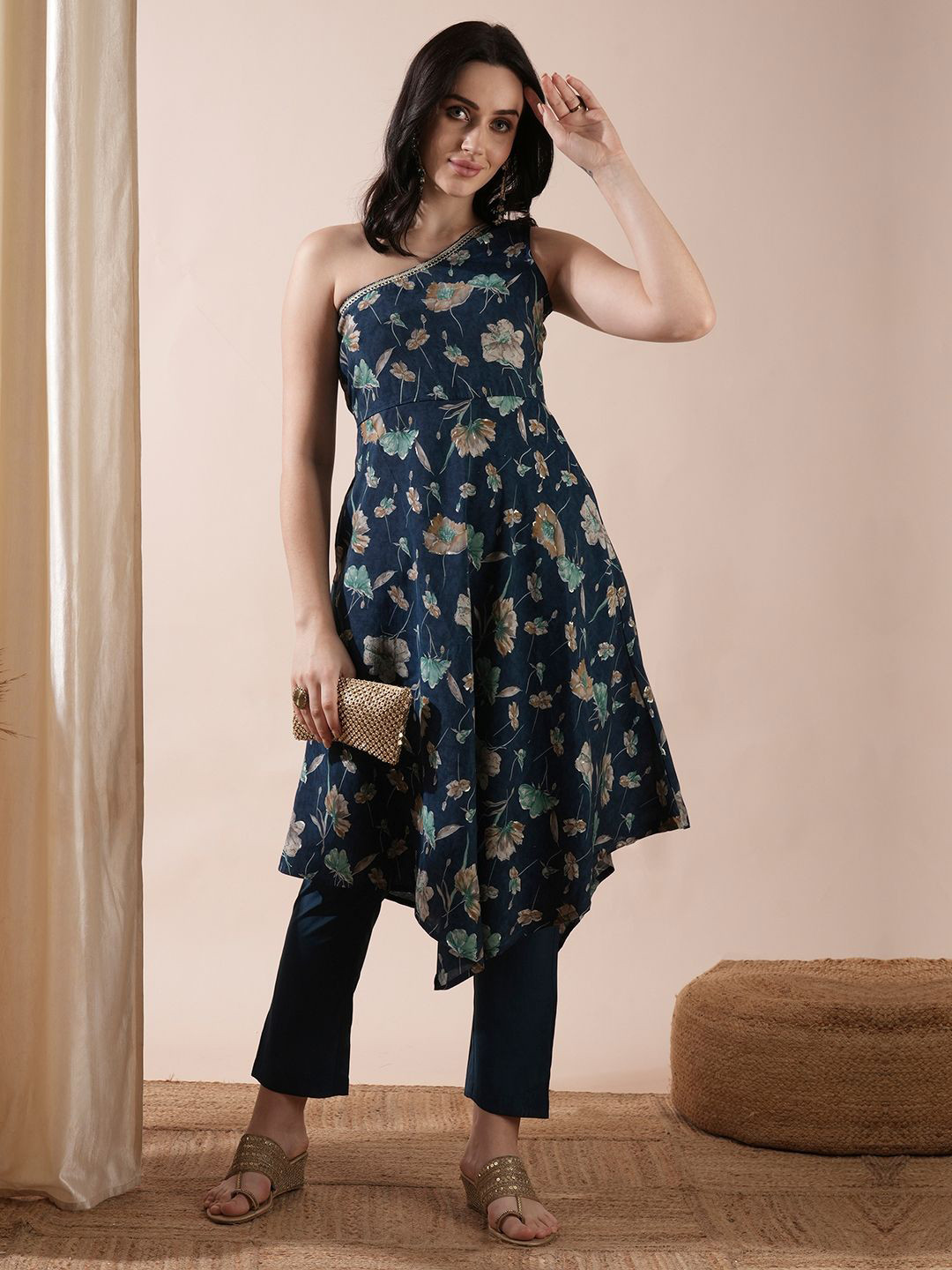 Globus Blue Floral Printed One Shoulder Gotta Patti A-Line Fusion Kurta With Trousers