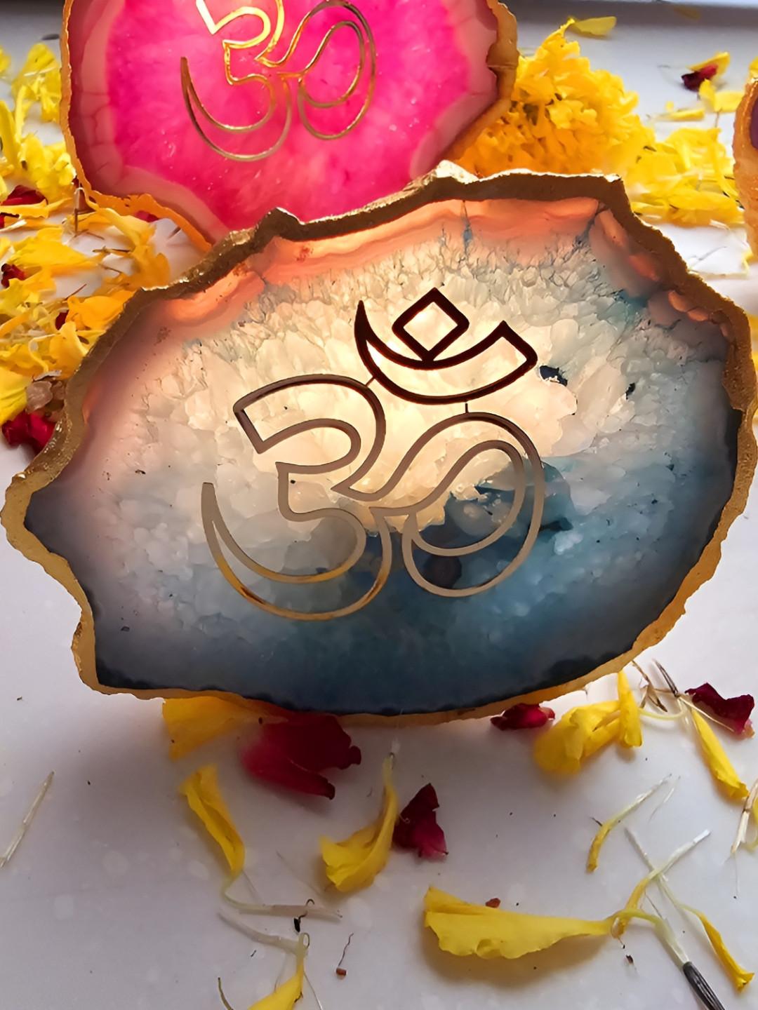 HOMEARTE Gold-Toned & Turquoise Blue OM Agate Stone Tea light Religious Candle Holder