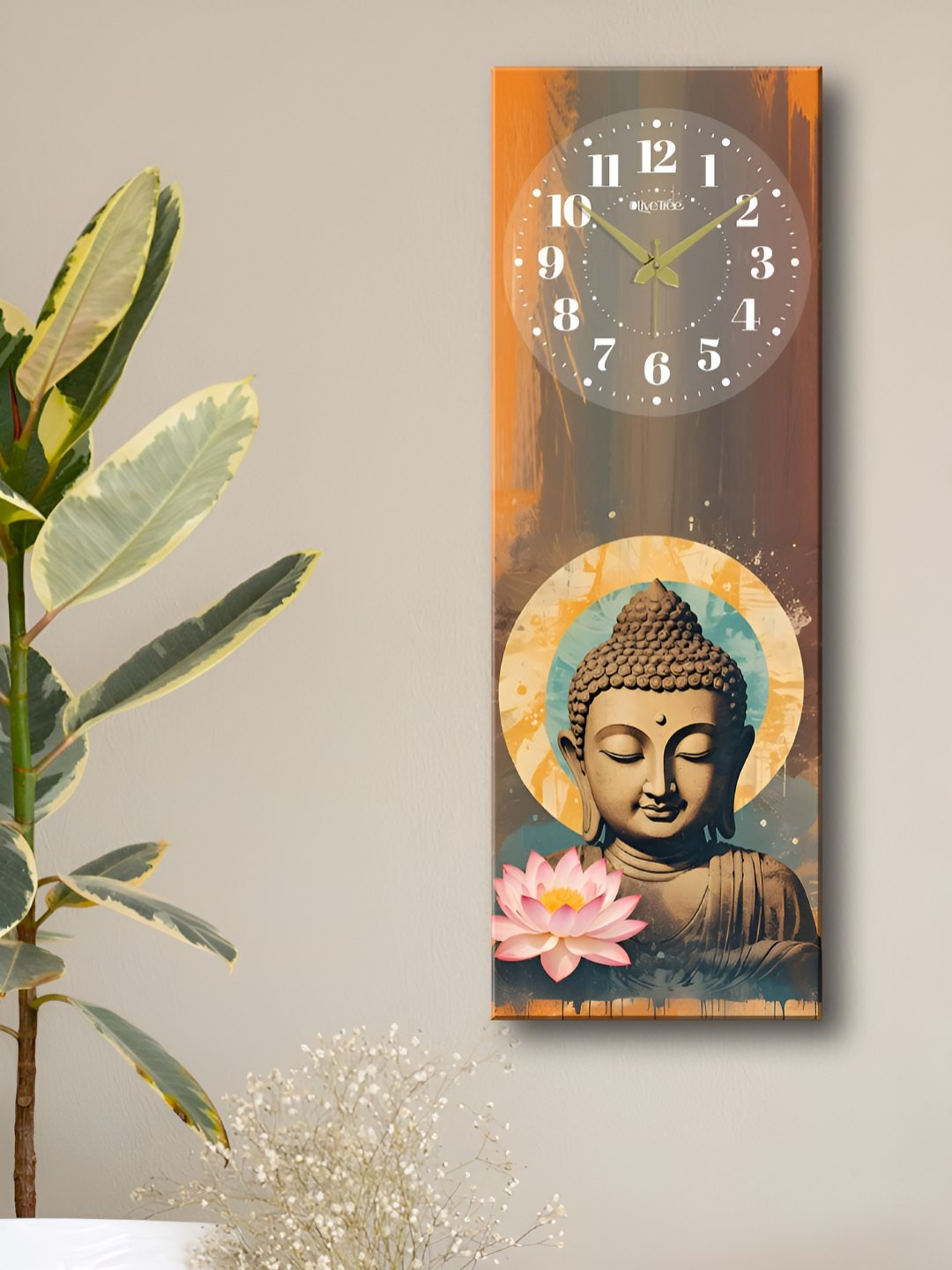 OLIVE TREE Brown Wood Large Display Rectangle Battery Analogue Buddha Wall Clock
