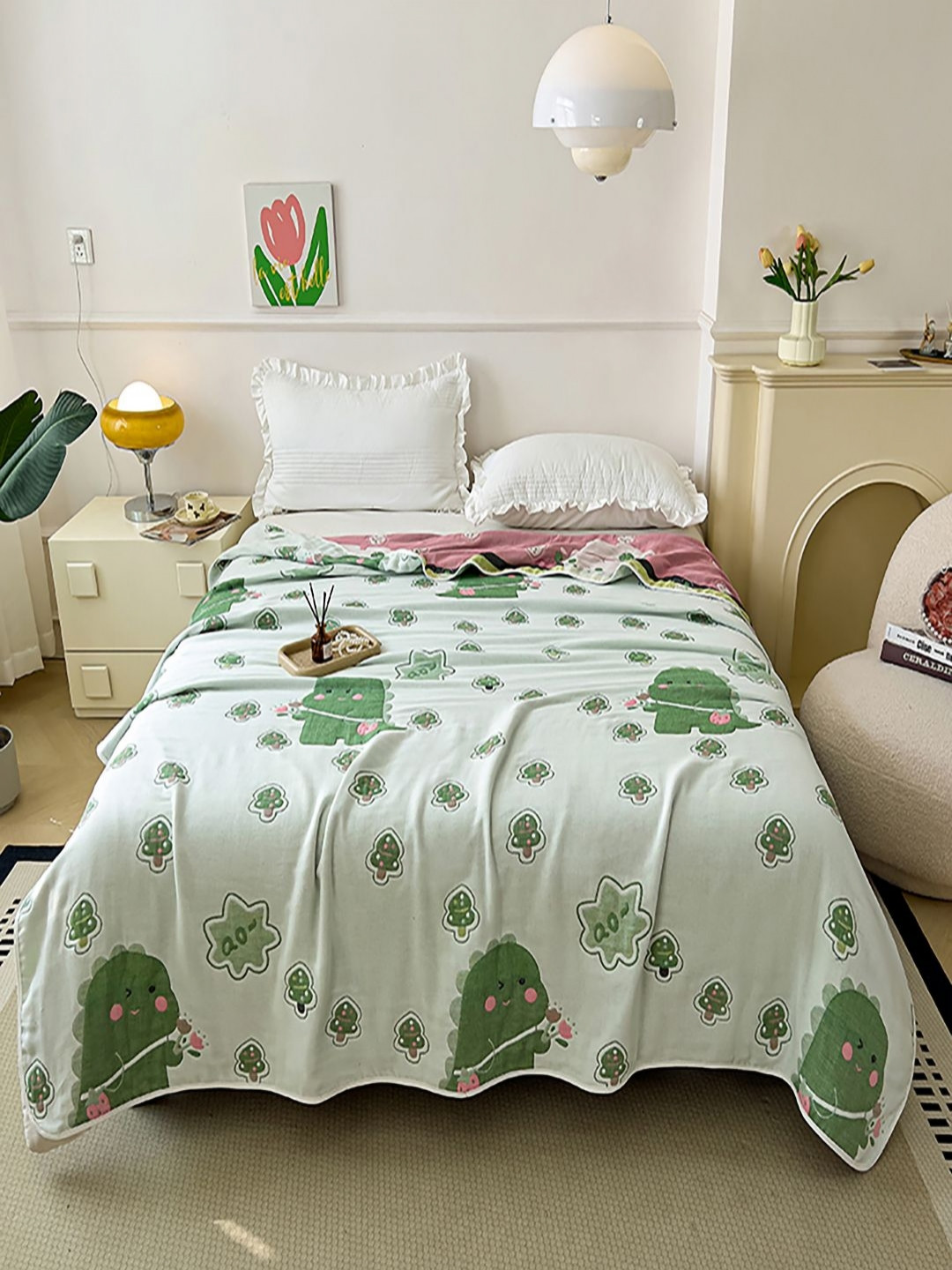 JC HOME Green & Pink Cartoon Characters 350 GSM AC Room Pure Cotton Single Bed Quilt