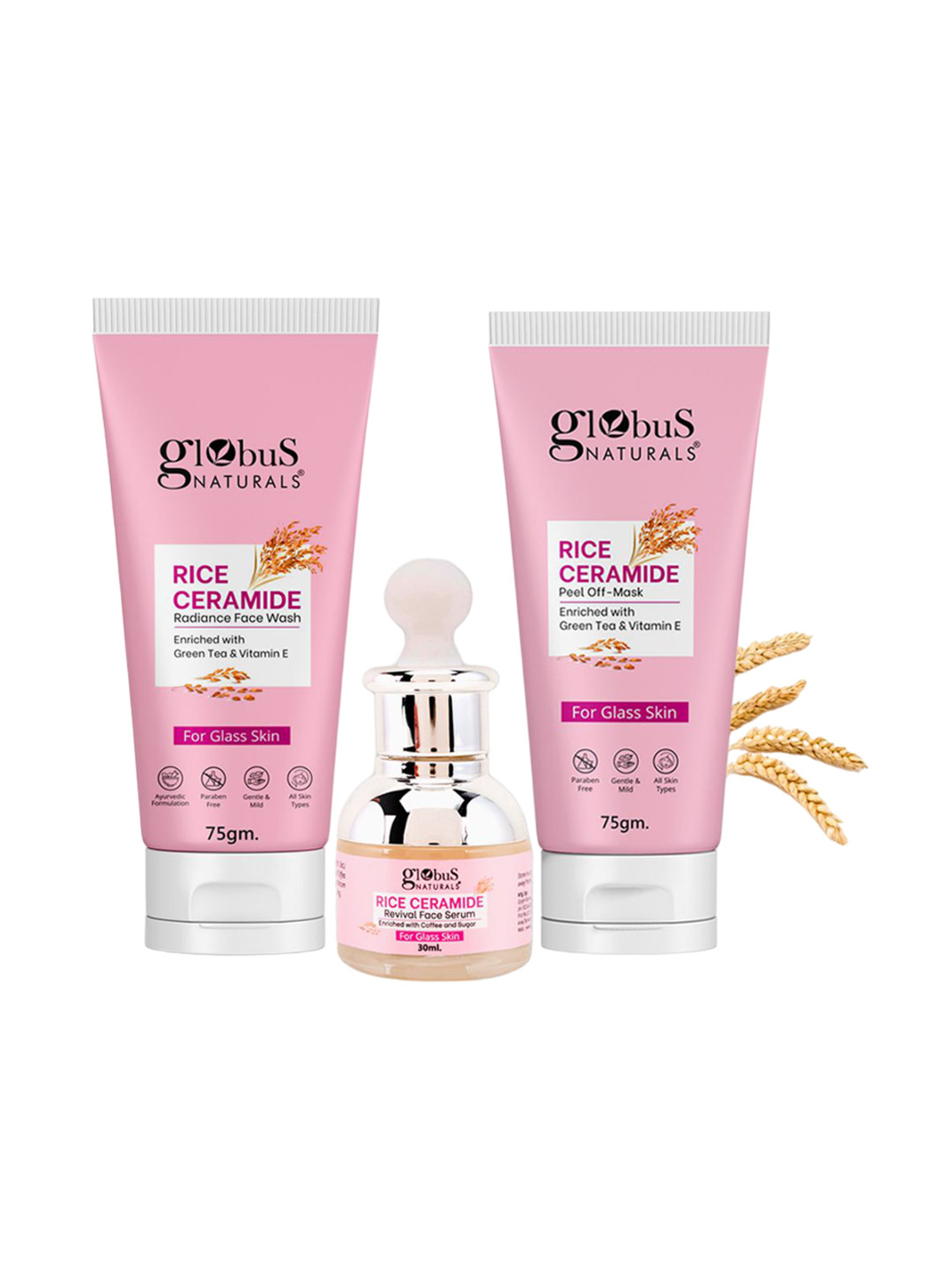 Globus naturals Set Of 3 Rice Ceramid Face Wash -75g Serum- 30g & Peel Off Mask-75g