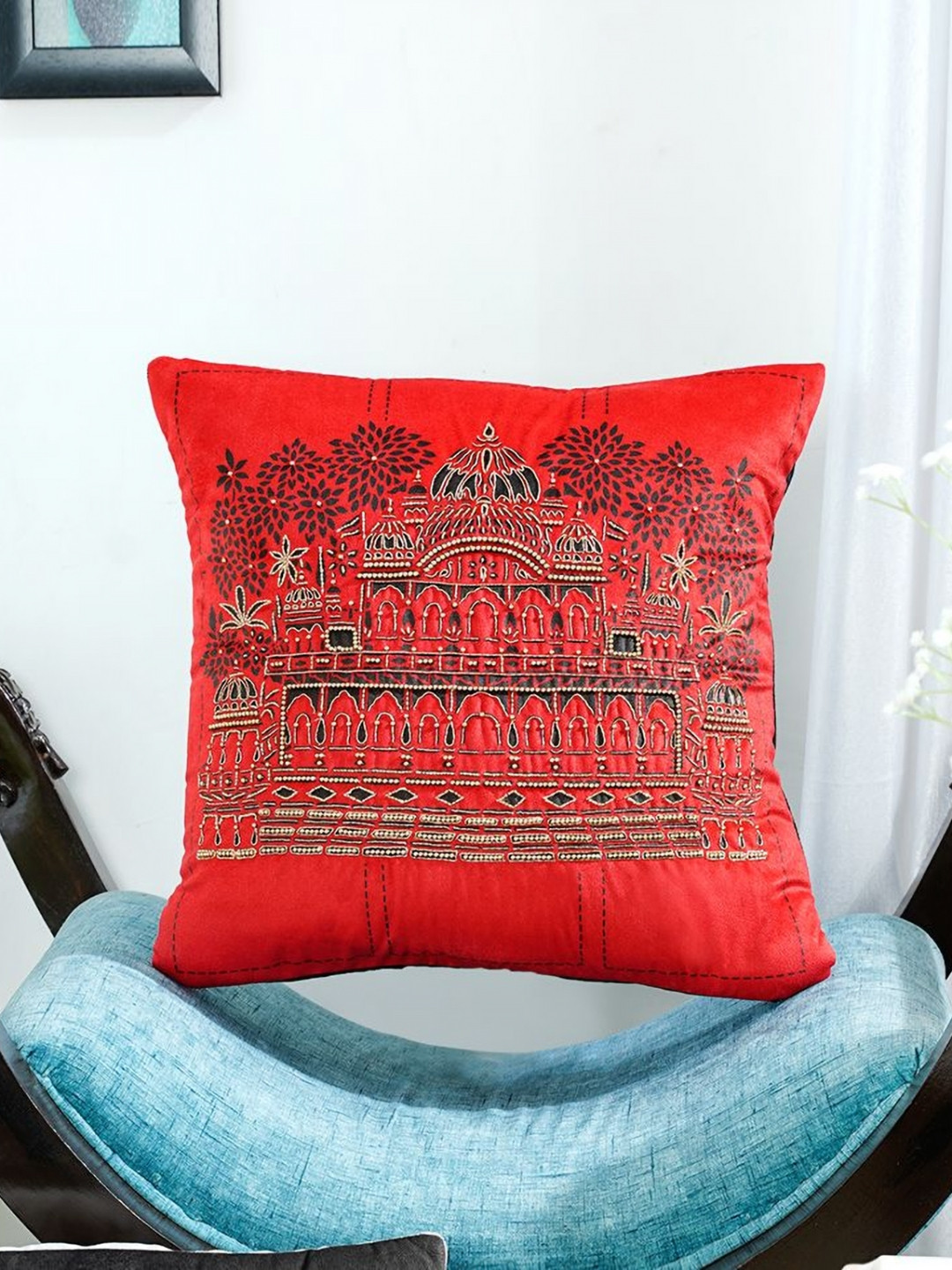 Mid July Home The Temple's Grace Embellished Polyester Silk Cushion Cover -16x16In