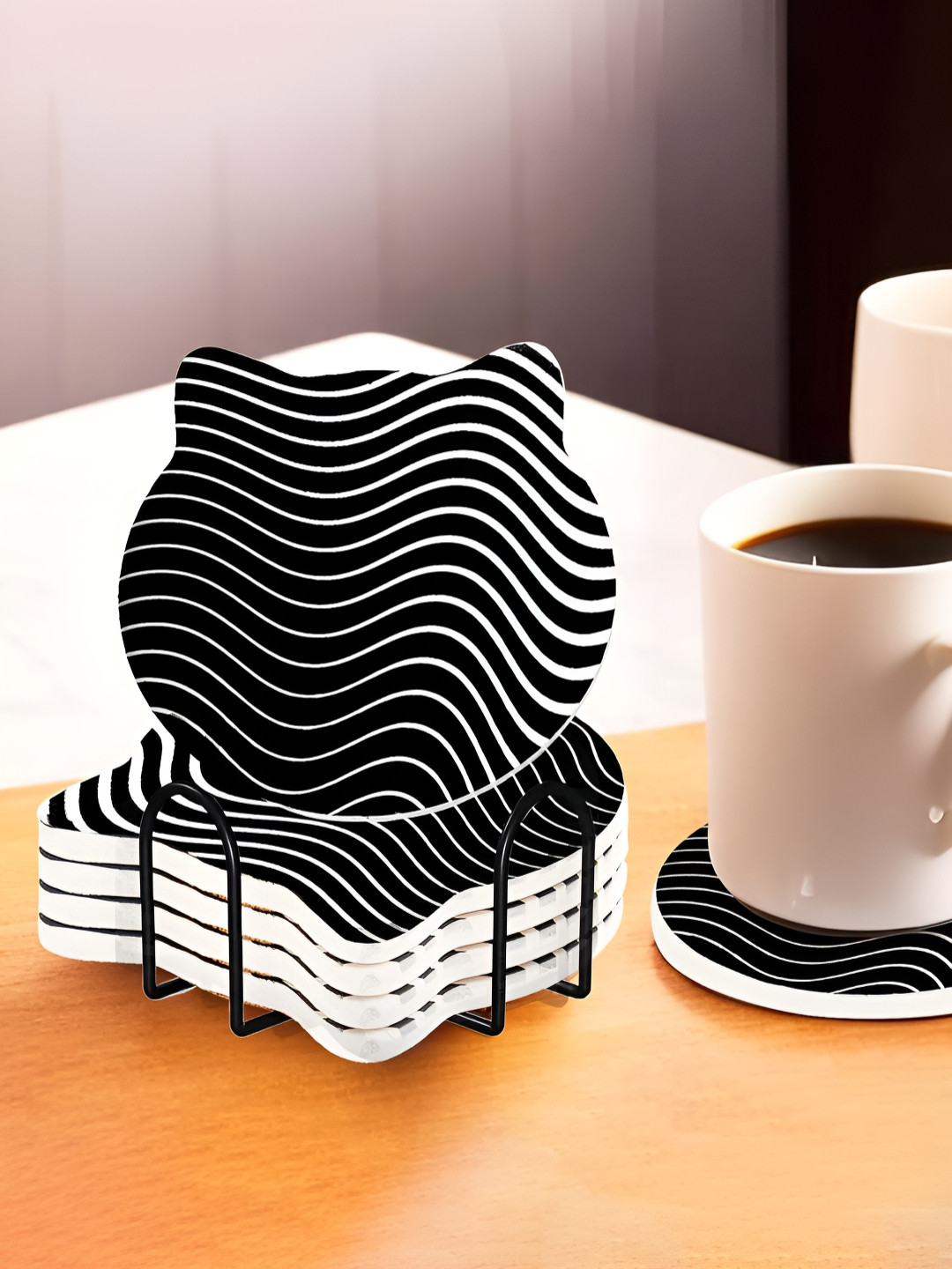 Ekhasa Black & White 6 Pieces Printed Diatomite Coasters With Steel Holder