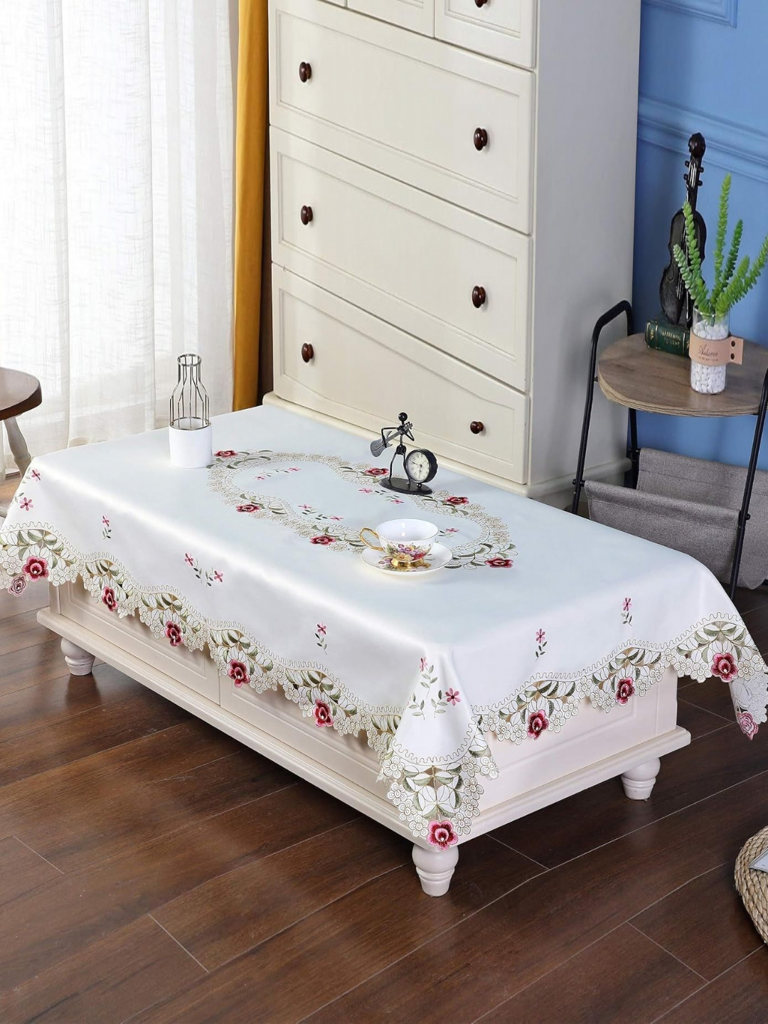 MONKDECOR Cream-Coloured & Green Floral Embroided Rectangle 2-Seater Satin Table Cover