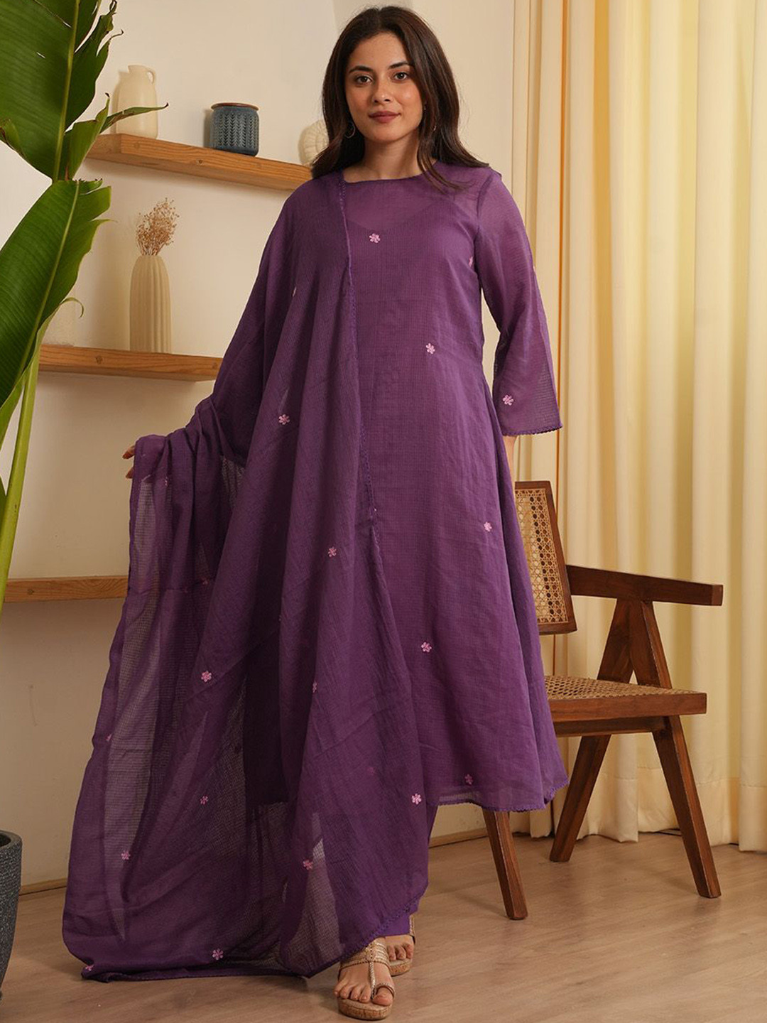 OneWe Malia Floral Embroidered Sequinned A-Line Kurta With Trousers & Dupatta