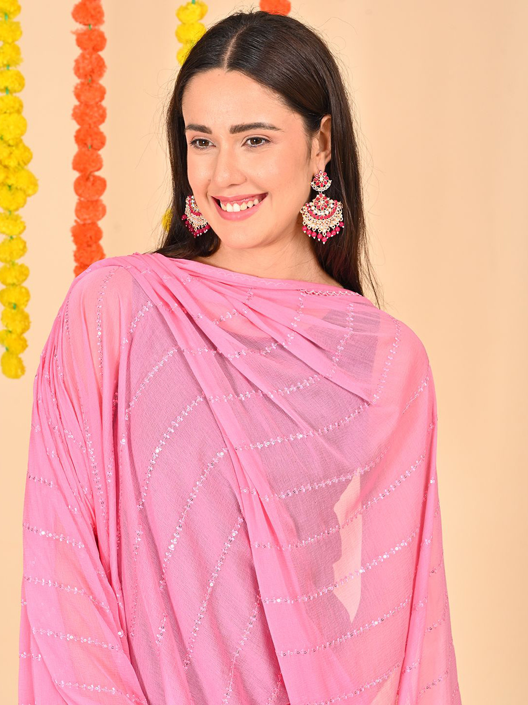 HELLA FASHIONS Striped Mukaish Sequence Embroidery Chiffon Dupatta