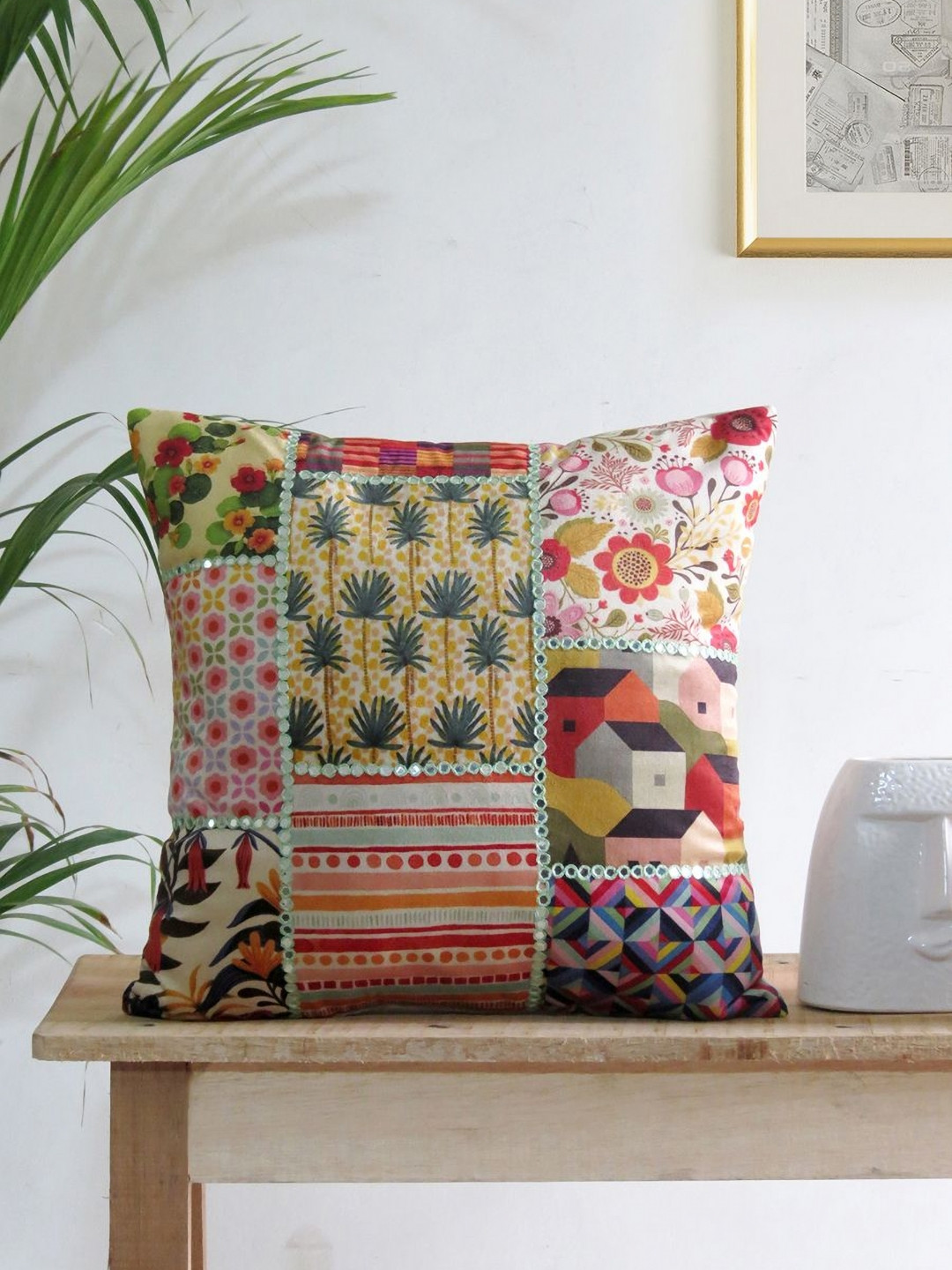 Mid July Home White & Green Floral Printed Mirror Work Velvet Square Cushion Cover