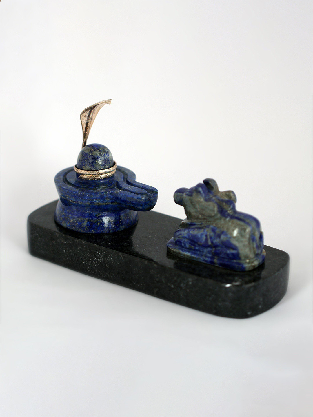 Exotic India Lapis Lazuli Shivalinga and Nandi with Sheshnaag Black Silver Metallic Prayer Room Small Showpiece - 4.2 Inches