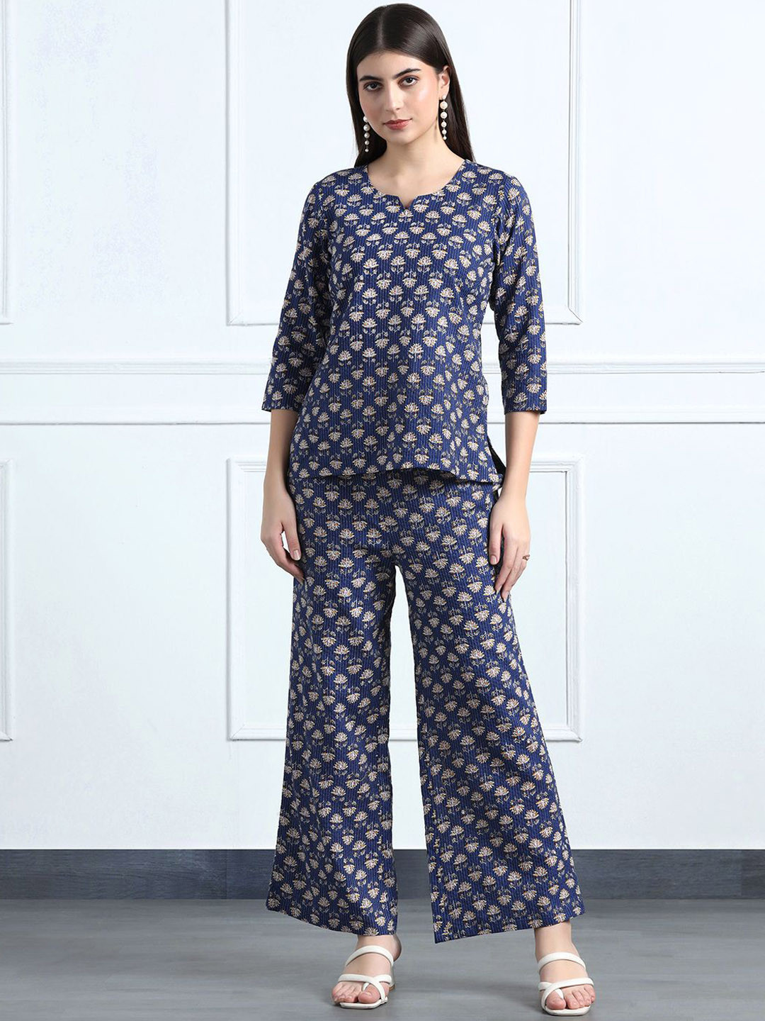 BAESD Floral Printed Cotton Katha Top With Palazzo