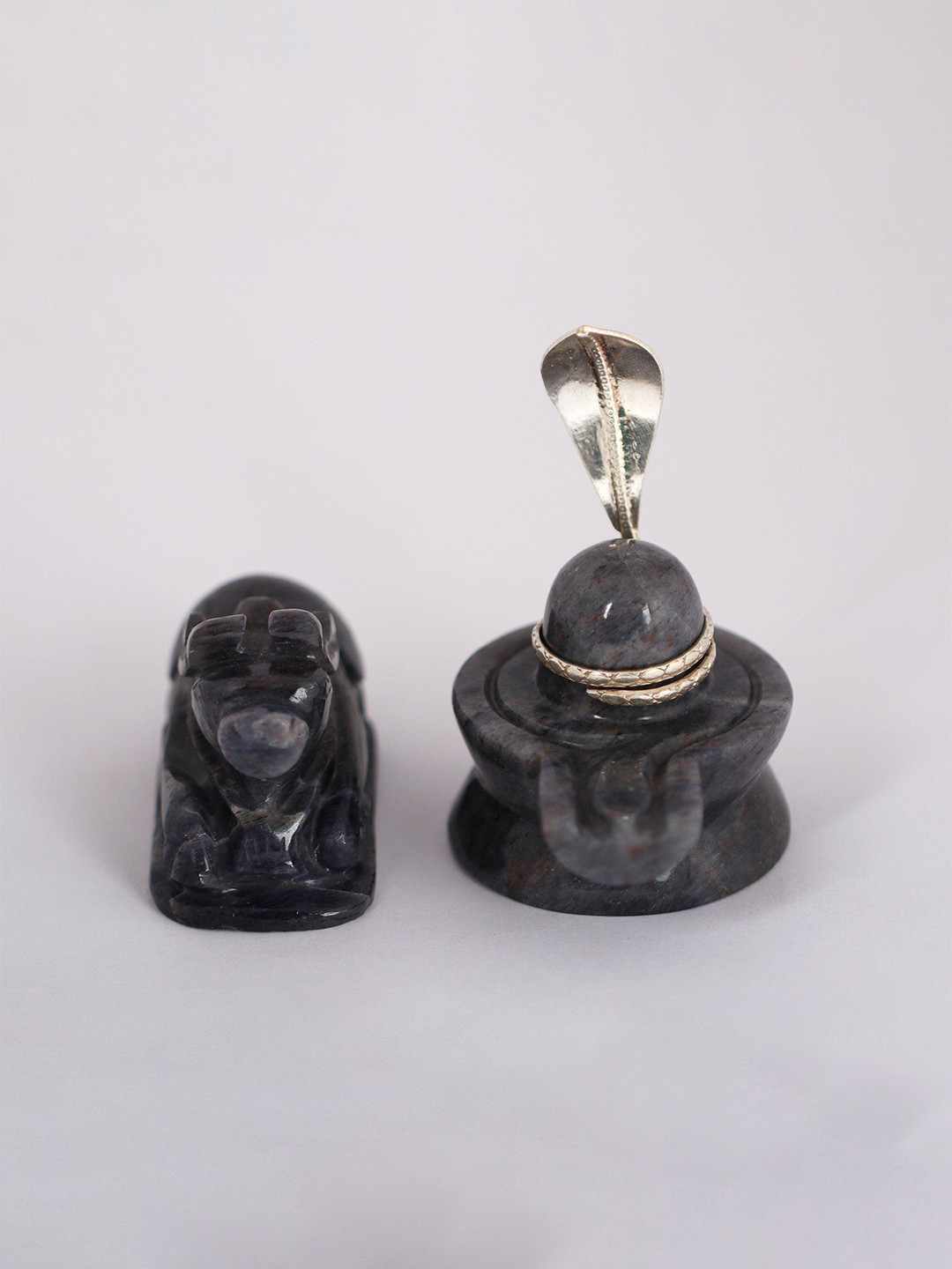 Exotic India Shivalinga and Nandi with Sheshnaag Black Stone Natural Living Room Set of 2 Small Showpieces - 3.5 Inches