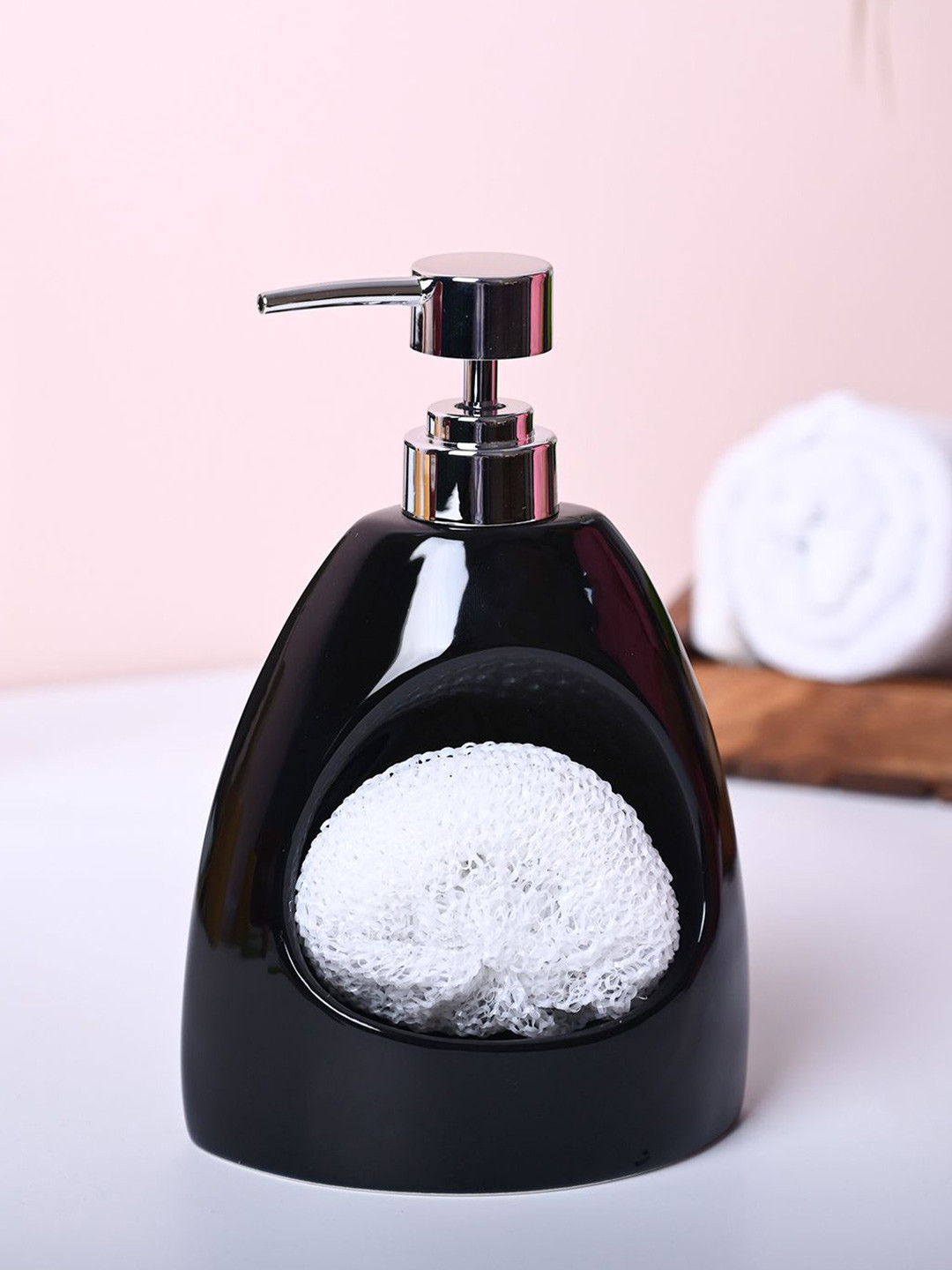 MARKET99 Black & White Glossy Ceramic Soap Dispenser With Scrubber