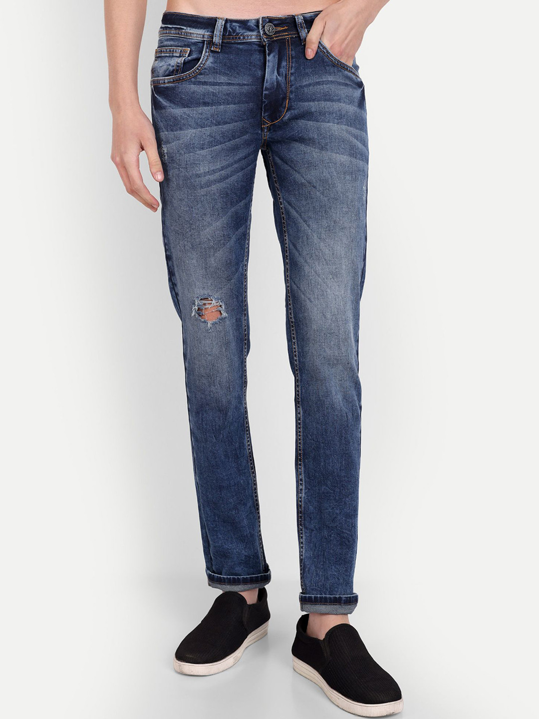 MEGHZ Men Micheal Slim Fit Slash Knee Heavy Fade Stretchable Jeans