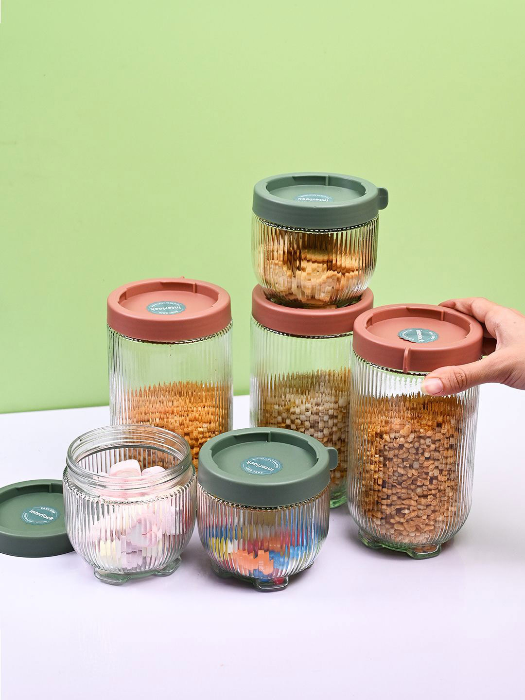 MARKET99 Transparent & Green 6 Pieces Glass Storage Container