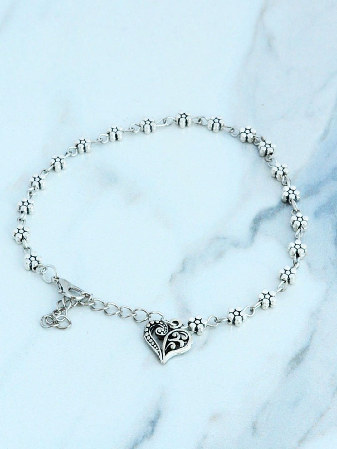 fabula Silver-Plated Oxidised Floral Heart Designed Anklet