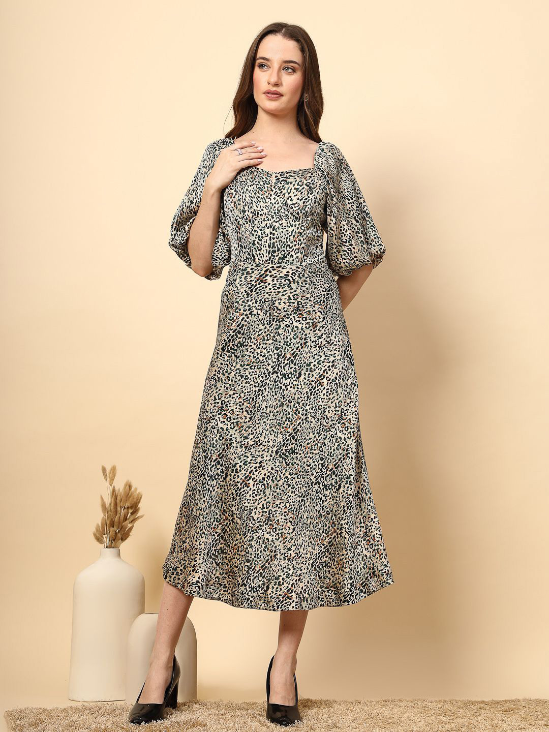Gipsy Animal Printed Flared Sleeve Fit & Flare Midi Dress