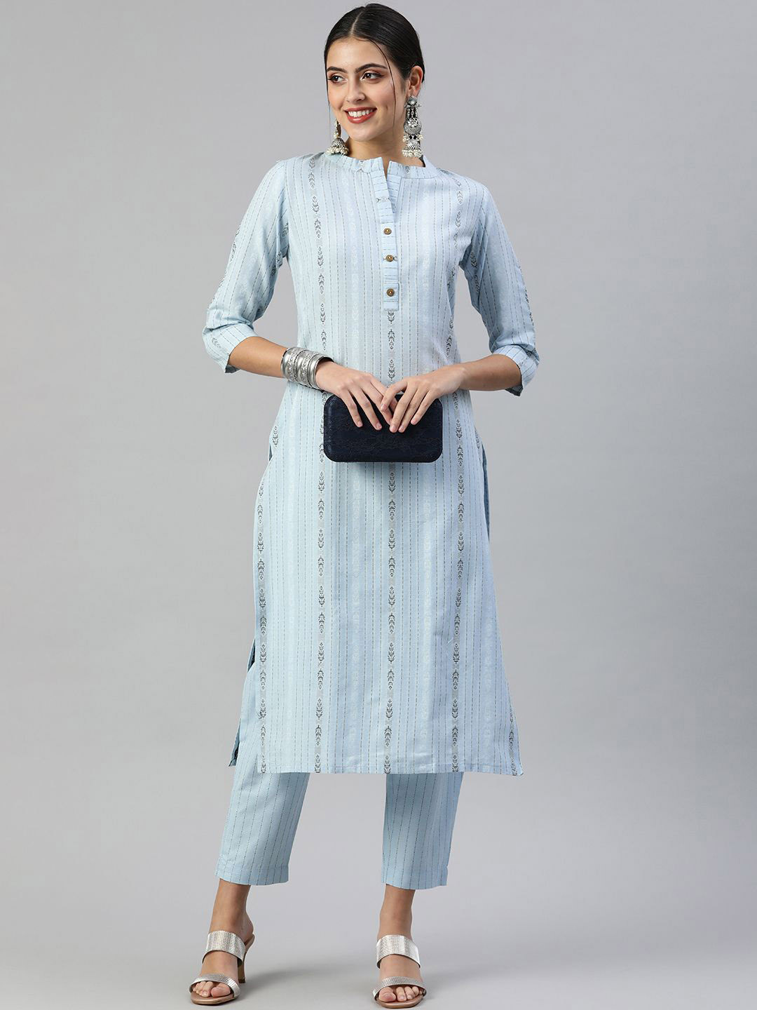 Saanjh Blue Stripes Woven Straight with Trousers
