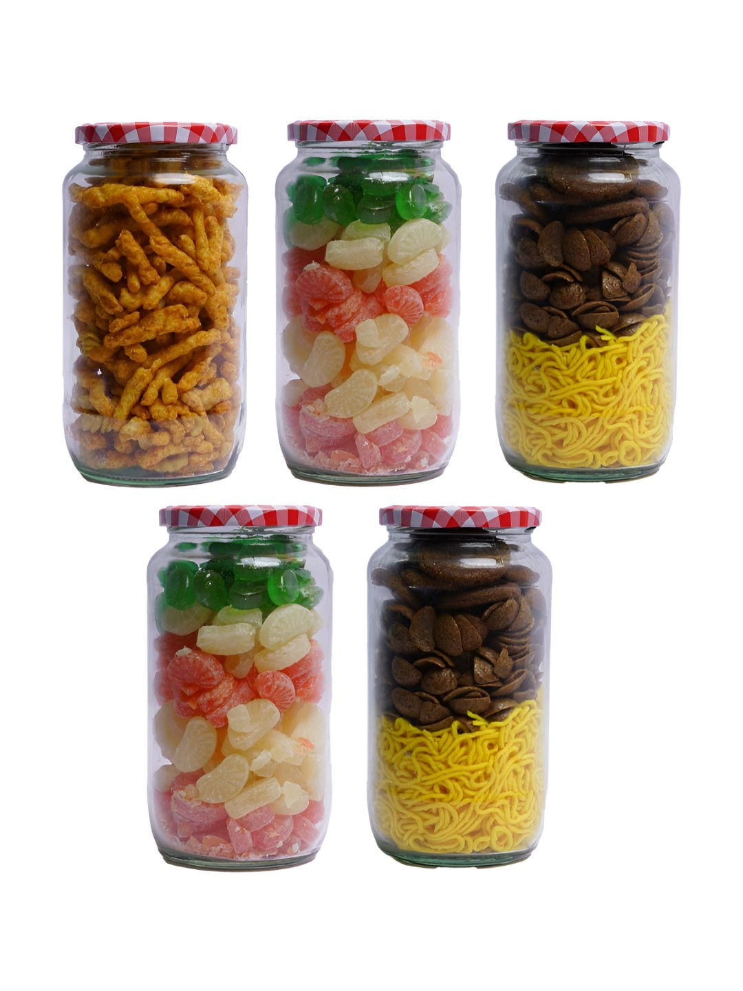 CROCO JAR Piramal Transparent & Red 5 Pieces Glass Containers - 1000 ml