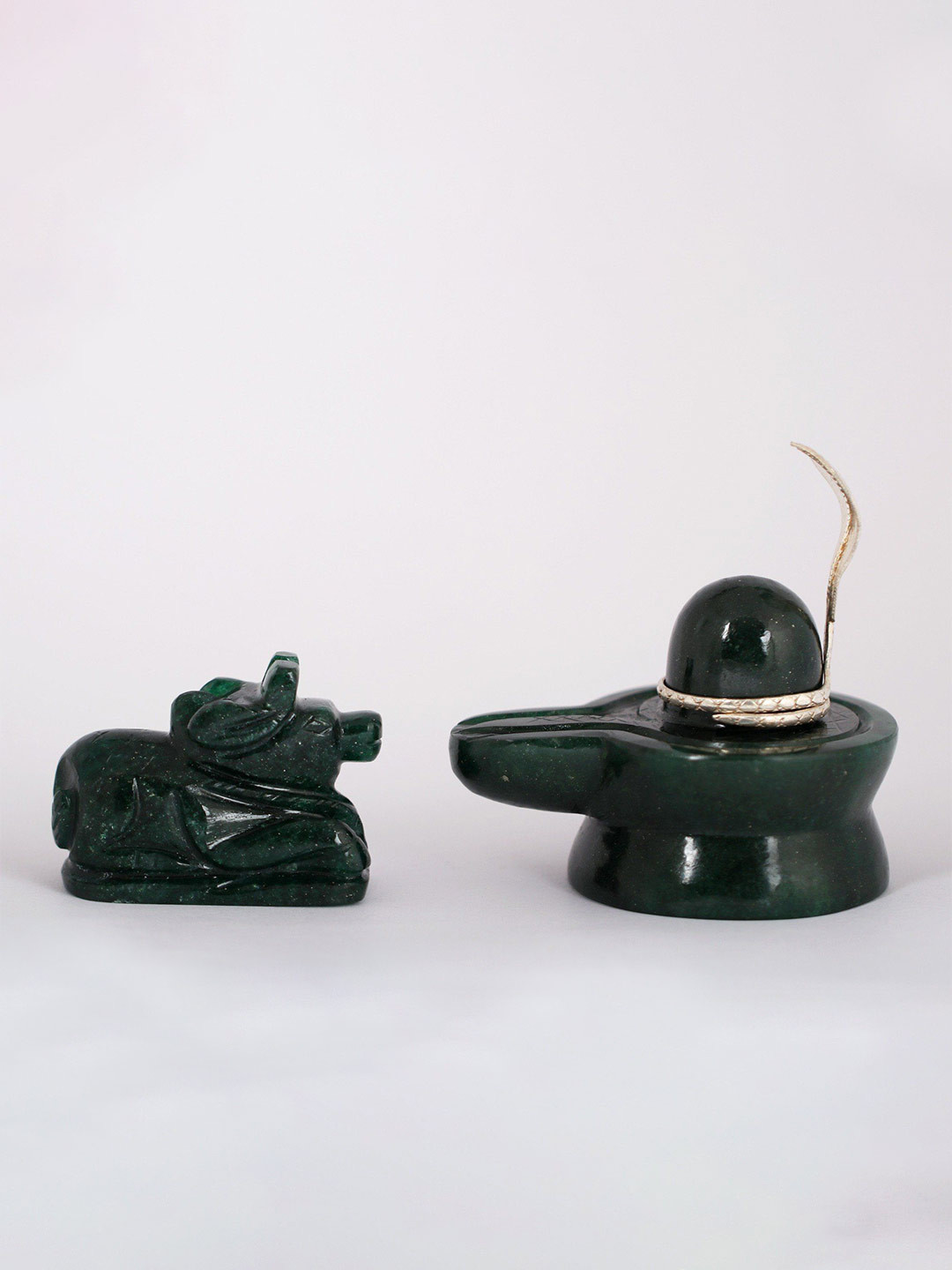 Exotic India Aventurine Shivalinga and Nandi with Sheshnaag Black Silver Metallic Prayer Room Set of 2 Small Showpieces - 3.5 Inches