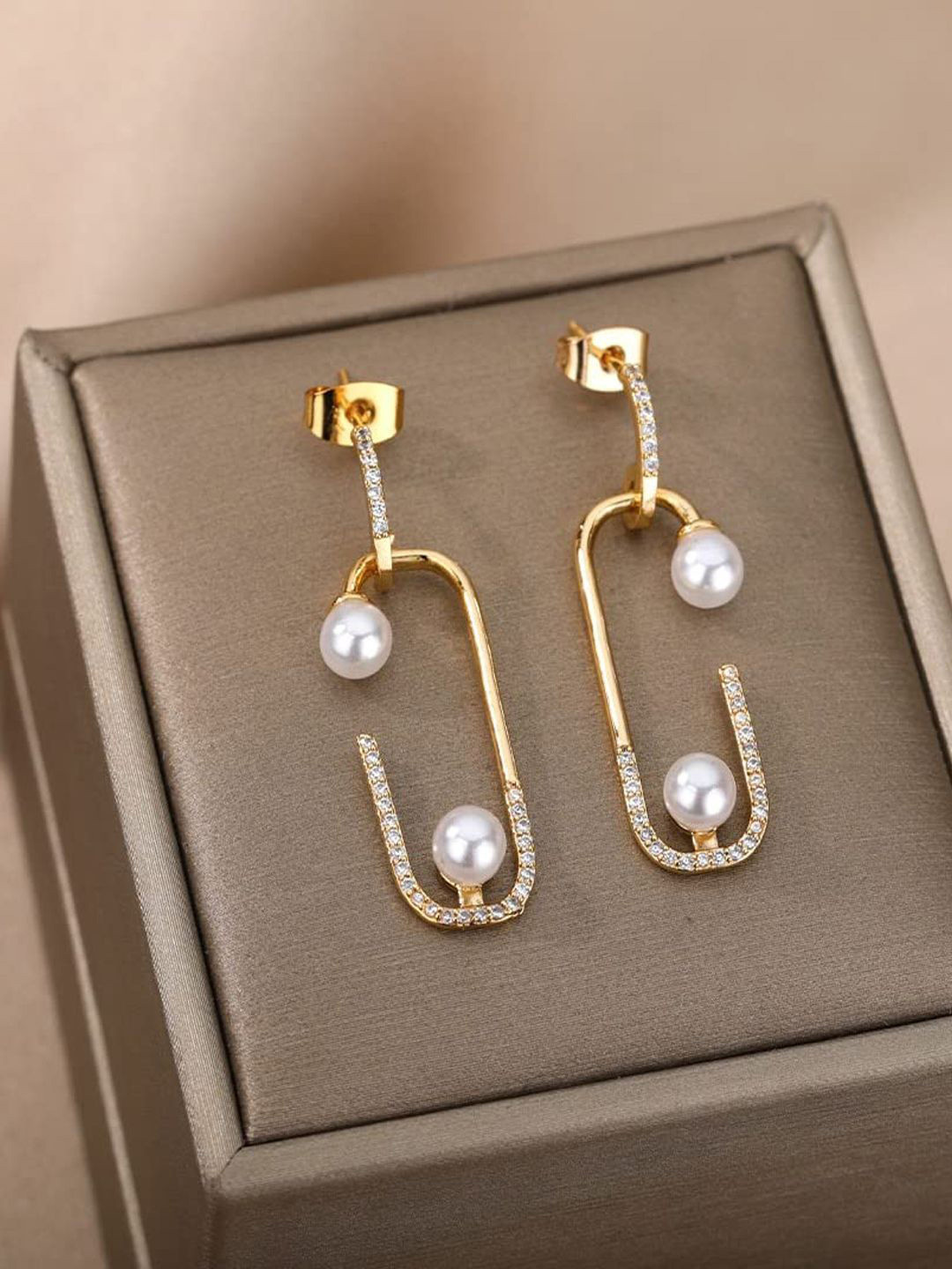 KRENOZ Stainless Steel Classic Pin Shaped Pearl Studded Antique Drop Earrings